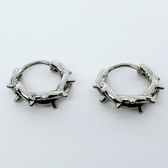 14K White Gold Mens Barbed Wire Round Earrings Guys Punk Studded Spiked Silver